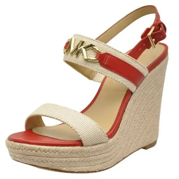 Michael Kors Reed Canvas Wedge MK Logo Two Tone Sandals - Picture 1 of 6